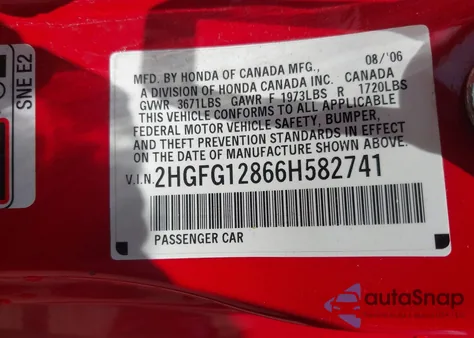 2006 Honda Civic Ex из США, поврежденный, VIN 2HGFG12866H582741